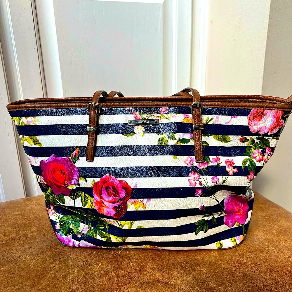 Nine West blue striped floral zip up bag